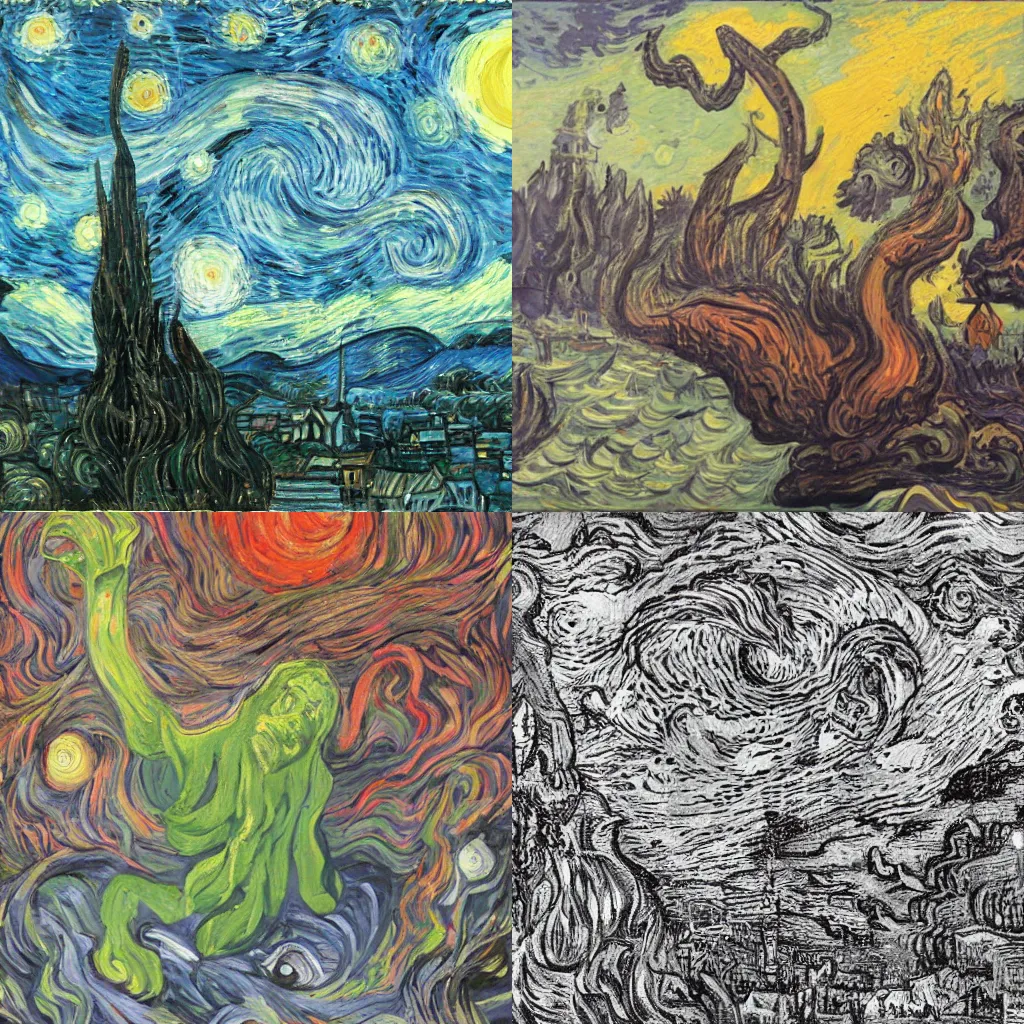 Prompt: Cthulhu coming from the night sky of a city, painting by Van Gogh