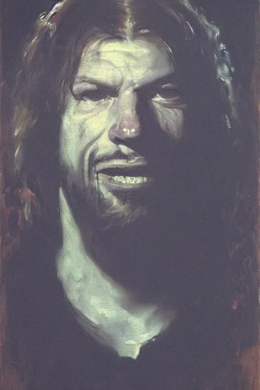 Prompt: menacing portrait of aphex twin emerging from the dark void, figure in the darkness, painted by Eugène Delacroix, John Singer Sargent, Adrian Ghenie, Francis Bacon,