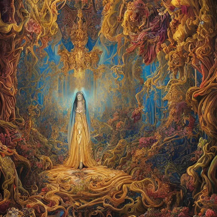 Image similar to beautiful oil painting, full length portrait of dauphinois in baroque coronation robes 1701, Dan Mumford, Dan Mumford, Alex grey, highly detailed , lsd visuals, dmt fractal patterns, hallucinogen, visionary art, psychedelic art, ornate, vaporwave, baroque, Greg rutkowski