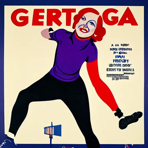 Image similar to a 1 9 2 8 colorful poster. happy, healthy, smiling, sporty, glowing greta garbo in athletic wear.