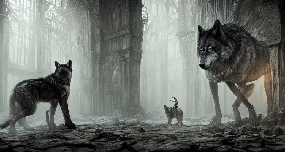 Image similar to king of the wolves - fantasy, inside the king's hall wolves and their treasures, ethereal, ominous, misty, 8 k, by h. r. giger and greg rutkowski, the last guardian by fumito ueda - elden ring