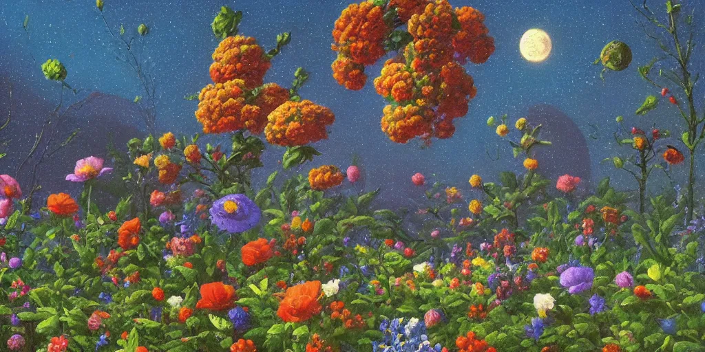 Image similar to a flowering garden on the moon, 👽🤖, impasto paint in the style of martin johnson heade,