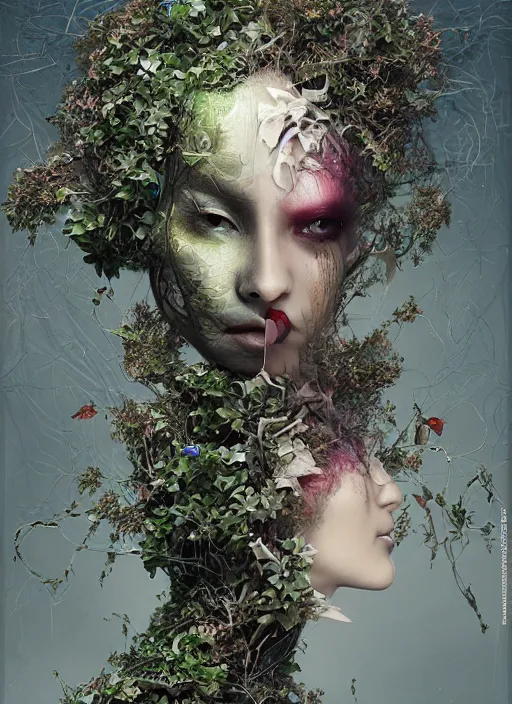 Image similar to portrait of a futuristic geisha cyborg overgrown with ivy, modern fine art, fractal, intricate, elegant, highly detailed, digital photography, subsurface scattering, by jheronimus bosch and greg rutkowski,