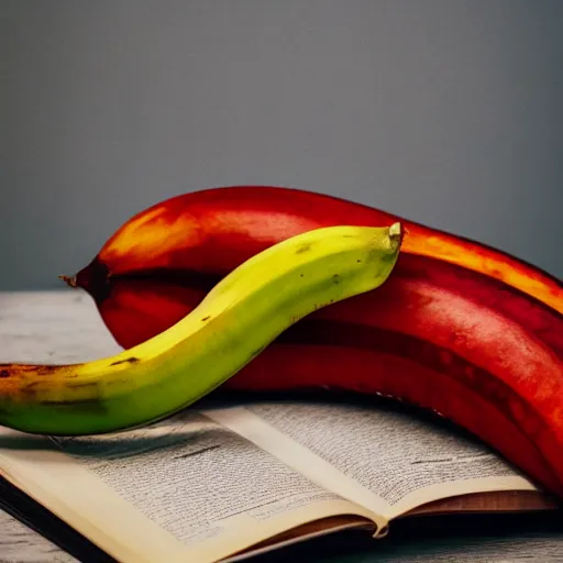 Image similar to photographic image of a red banana, on top of a yellow book, on top of a dining table, detailed, HD, cinematic