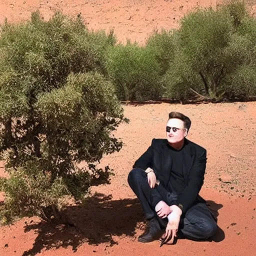 Image similar to elon musk smoking weed while sitting under a tree on mars