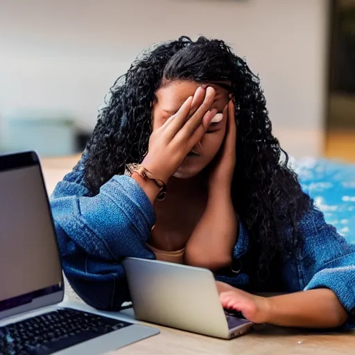 Image similar to photo of a beautiful young woman struggling to buy an apple laptop online, eyes closed, frustrated,