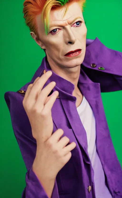 Prompt: a realistic photo of blond David Bowie in purple jacket and light green shirt, studio photography , dark grey background, softly backlit, gentle smoke effect, photo courtesy Museum of art