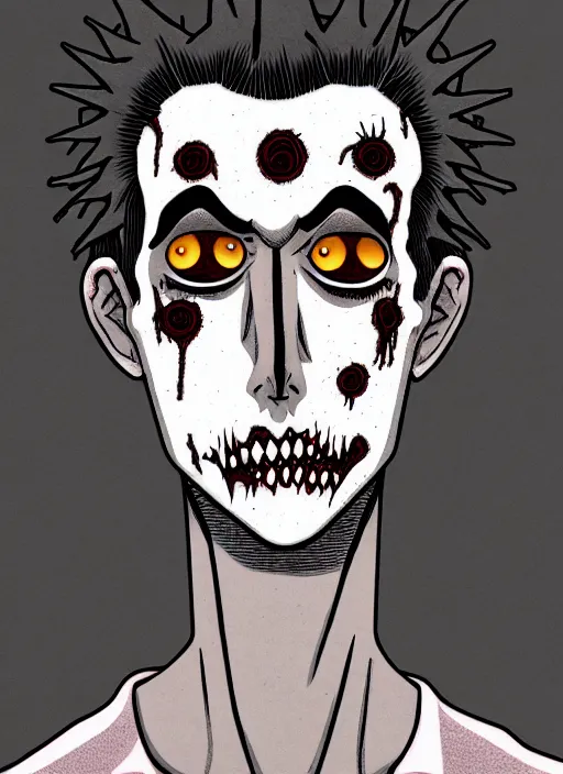 Image similar to junji ito style portrait of zombie teenage jughead jones wearing a light grey crown, zombie, crown, rotting skin, blind eyes, white eyes, crown, black hair, intricate, highly detailed, illustration, art by junji ito