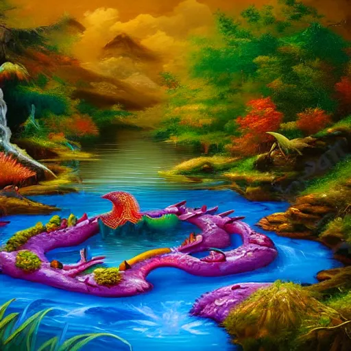 Prompt: highly detailed oil painting of a colorful hotspring with forest backdrop, focus is on a dragon, featured on artstation