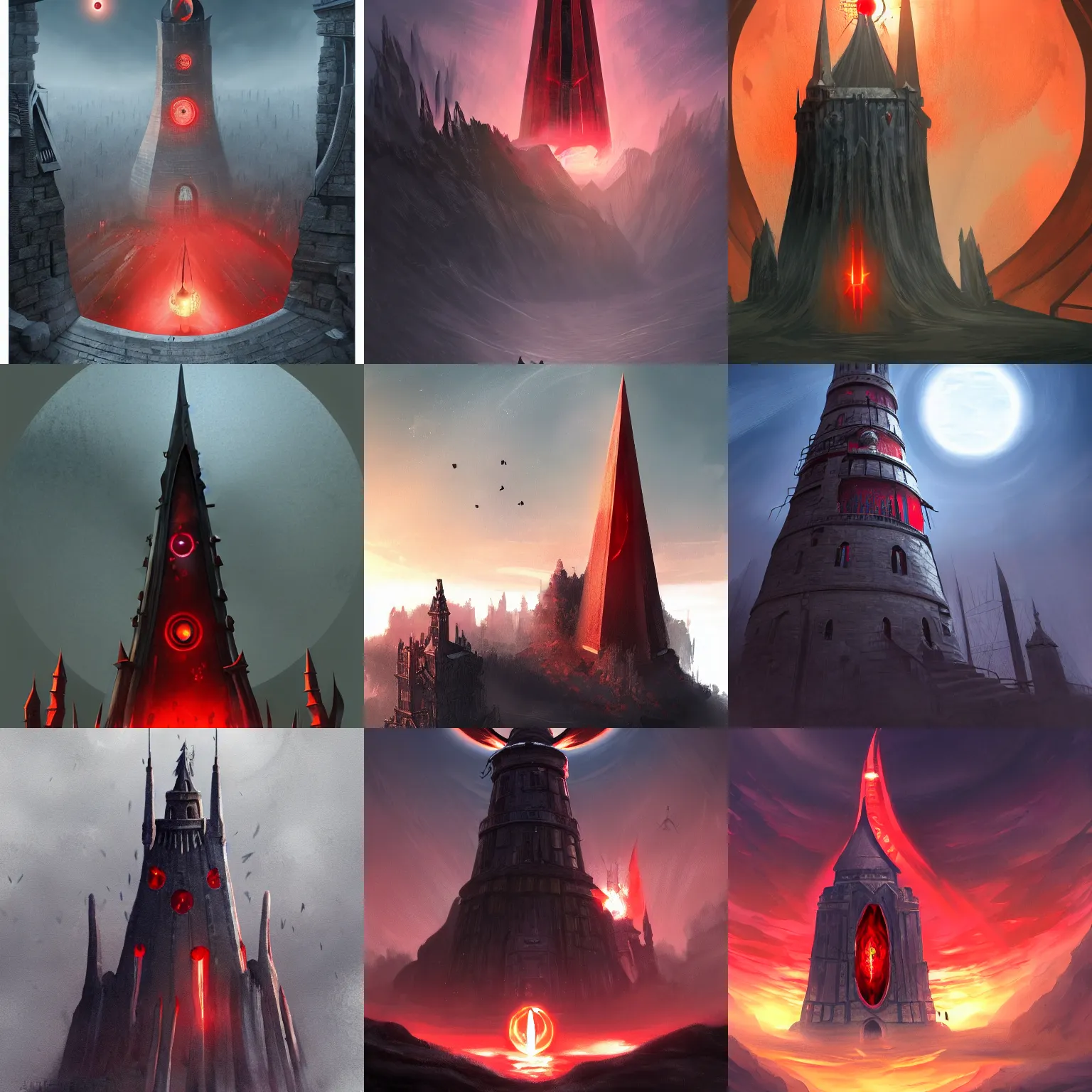 Prompt: high round tower with a huge red sauron eye floating at the top, artstation award winner