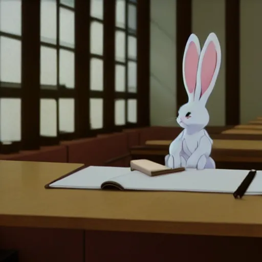 Image similar to A white bunny rabbit sitting at a desk, Makoto Shinkai