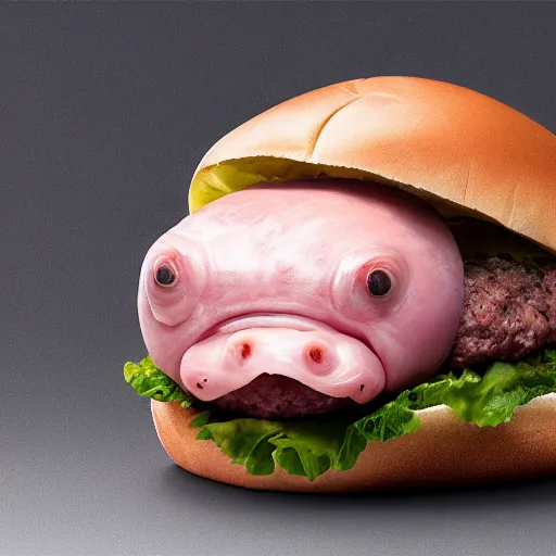 Image similar to a blobfish burger, lifelike, extremely detailed, 8k resolution