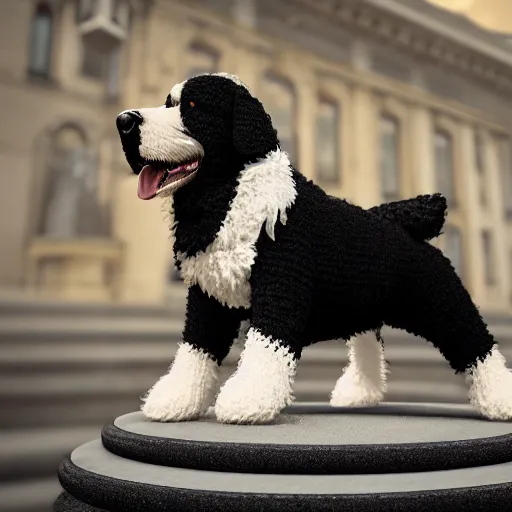 Prompt: a closeup photorealistic photograph of a smiling knitted bernedoodle judge dog dressed in a black gown, presiding over the courthouse. indoors, professional capture, well lit shot. this 4 k hd image is trending on artstation, featured on behance, well - rendered, extra crisp, features intricate detail, epic composition and the style of unreal engine.