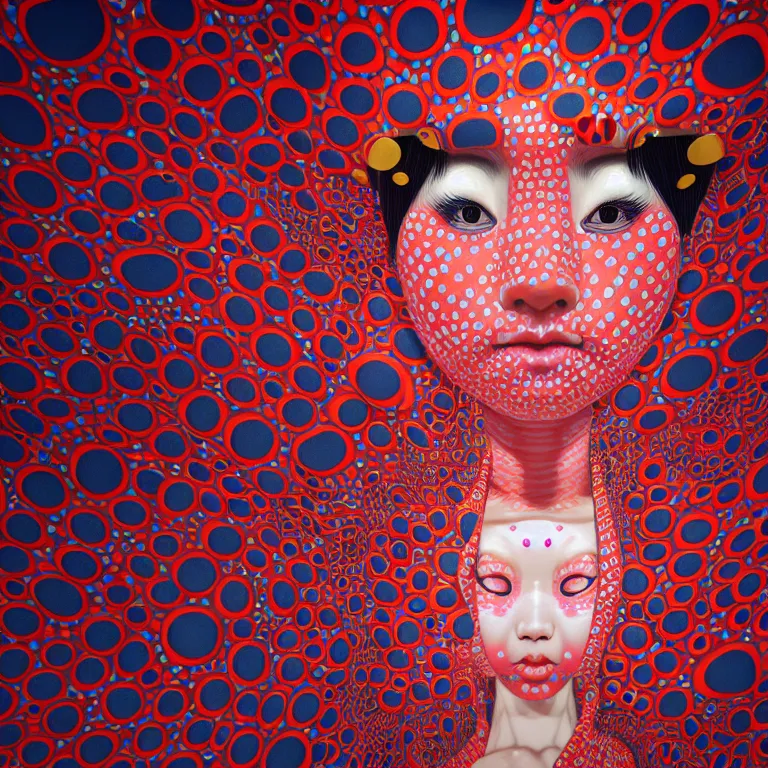 Image similar to realistic detailed image of a geisha in a padded room, 8 k conjuring psychedelic background, part by yayoi kusama, part by alex gray, part by ross tran, part by james jean, ultra realistic, highly detailed, life like face, detailed body, 8 k, octane render, trending on artstation, very cohesive, masterpiece