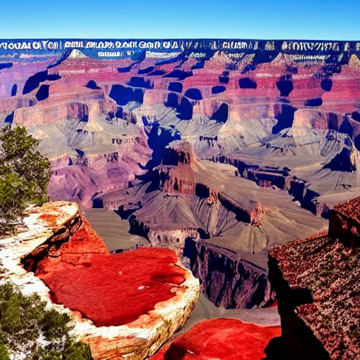 Image similar to the grand canyon made out of raw bloody!! meat!!, steaks and sausages as far as the eye can see high definition tourist photography family holiday