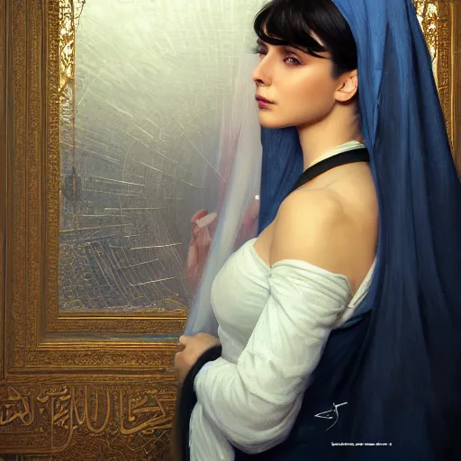 Image similar to a Photorealistic dramatic hyperrealistic render of an arab ameera al taweel, blue eyes, black hair, white veil,by WLOP,Artgerm,Greg Rutkowski,Alphonse Mucha, Beautiful dynamic dramatic dark moody lighting,shadows,cinematic atmosphere,Artstation,concept design art,Octane render,8K