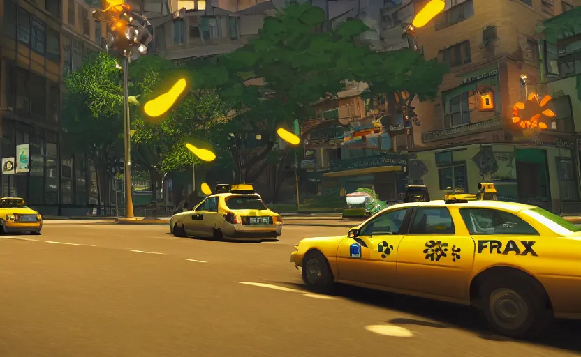 Image similar to ps 4 game about a frog driving a taxi, frog driving a taxi unreal 4 screenshot,