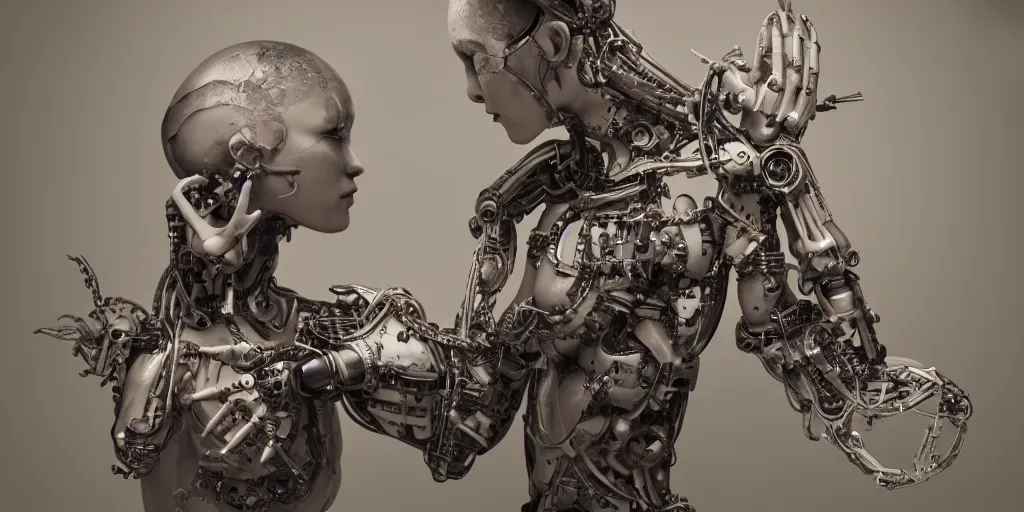 Image similar to hyperrealistic photography of a stunningly beautiful cyborg female, mechanical elbow, plated arm, intimate, holding hands, in the style of beth cavener, jin kagetsu,, and wlop, highly detailed, intricate, face symmetry, masterpiece, award - winning, sharp focus, concept art, high key, ambient lighting, 8 k, octane render, artstation