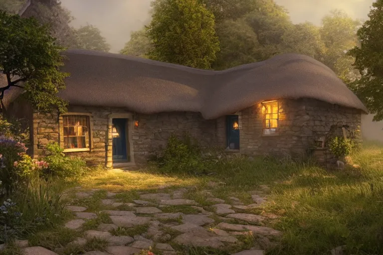 Prompt: a beautiful matte painting of a little cottage, trending on artstation, 1 2 k, ultra realistic, unreal engine, octane render, volumetric lighting, ray tracing by james gurney and greg rutkowski