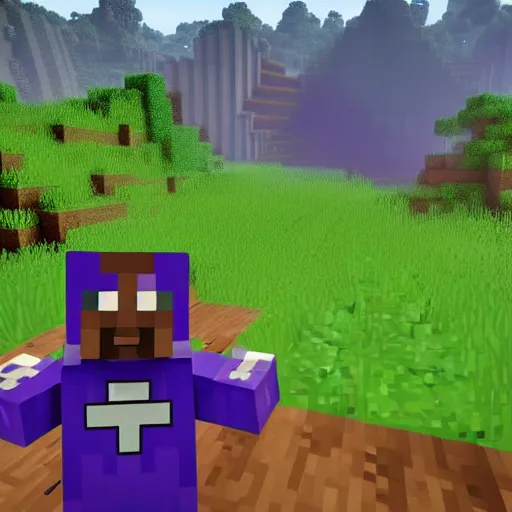 Prompt: thanos playing minecraft survival mode on an xbox,