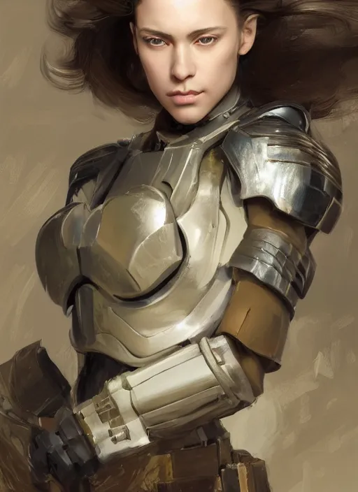 Image similar to a professional painting of a beautiful young female, clothed in military armor, olive skin, long dark hair, beautiful bone structure, symmetrical facial features, intricate, elegant, digital painting, concept art, smooth, sharp focus, illustration, from Metal Gear, by Ruan Jia and Mandy Jurgens and Artgerm and William-Adolphe Bouguerea