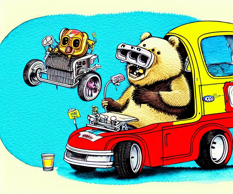 Prompt: cute and funny, grizzly - bear, wearing a helmet, driving a hotrod, oversized enginee, ratfink style by ed roth, centered award winning watercolor pen illustration, isometric illustration by chihiro iwasaki, the artwork of r. crumb and his cheap suit, cult - classic - comic,