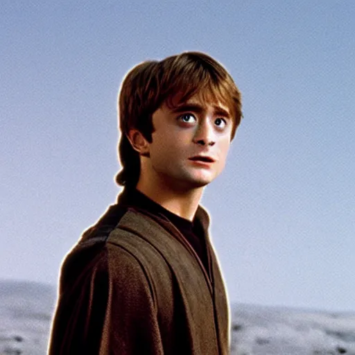 Prompt: film still of Daniel Radcliffe as Luke Skywalker in Star Wars 1977