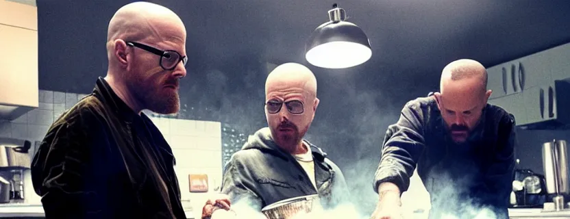 Prompt: photo of heisenberg and jesse pinkman from breaking bad cooking a cake, ultra detailed, epic, movie frame, cinematic composition, kitchen, breaking bad scene