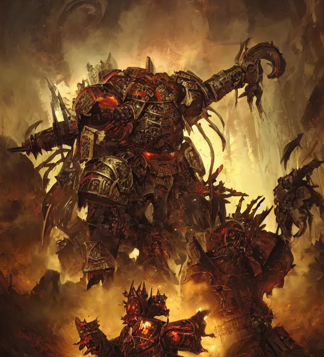 Prompt: spectacular battle scene portrait of armored heroes warhammer 4 0 k fight war fighting nurgle warrior, cesede, the chaos god of plague and decay, red chaos knight with massive cathedrals and columns, pestilence, champion, emperor, abbeys, elegant concept art by ruan jia