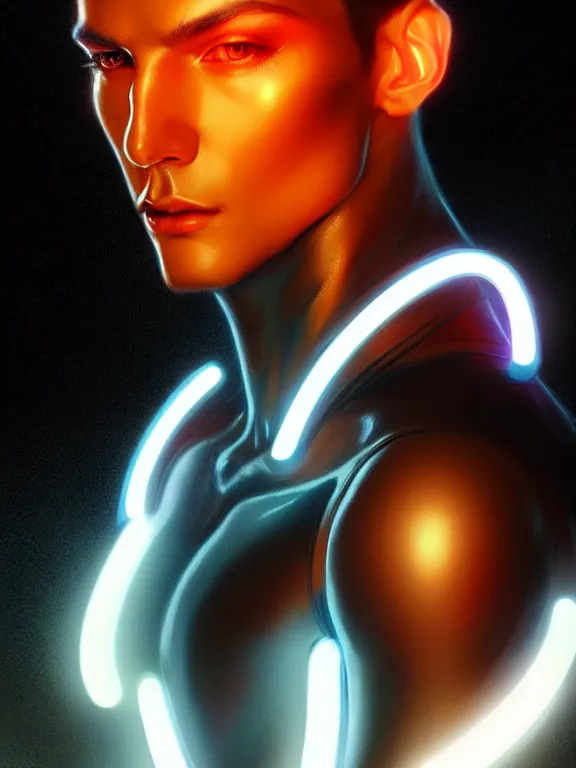 Image similar to portrait of male humanoid, intricate, elegant, cyber neon lights, highly detailed, digital photography, artstation, glamor pose, concept art, smooth, sharp focus, illustration, art by artgerm and greg rutkowski