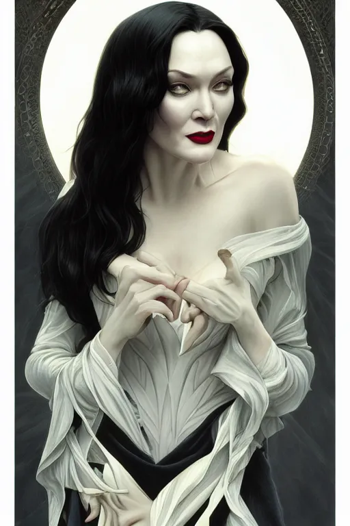 Image similar to catherine o'hara as morticia addams, masterpiece, intricate, elegant, highly detailed, digital painting, artstation, concept art, smooth, sharp focus, illustration, art by artgerm and greg rutkowski and alphonse mucha and uang guangjian and gil elvgren and sachin teng, symmetry!!