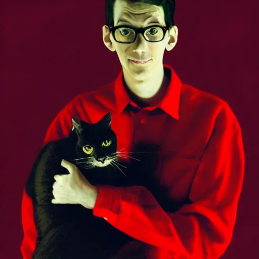 Prompt: portrait of neil cicierega holding his cat in the dark, red lighting