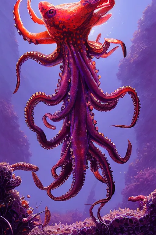 Image similar to highly detailed portrait of purple octopus playing with crab, stephen bliss, unreal engine, fantasy art by greg rutkowski, rhads, ferdinand knab, makoto shinkai and lois van baarle, ilya kuvshinov, rossdraws, tom bagshaw, global illumination, radiant light, red blue theme, coral reef