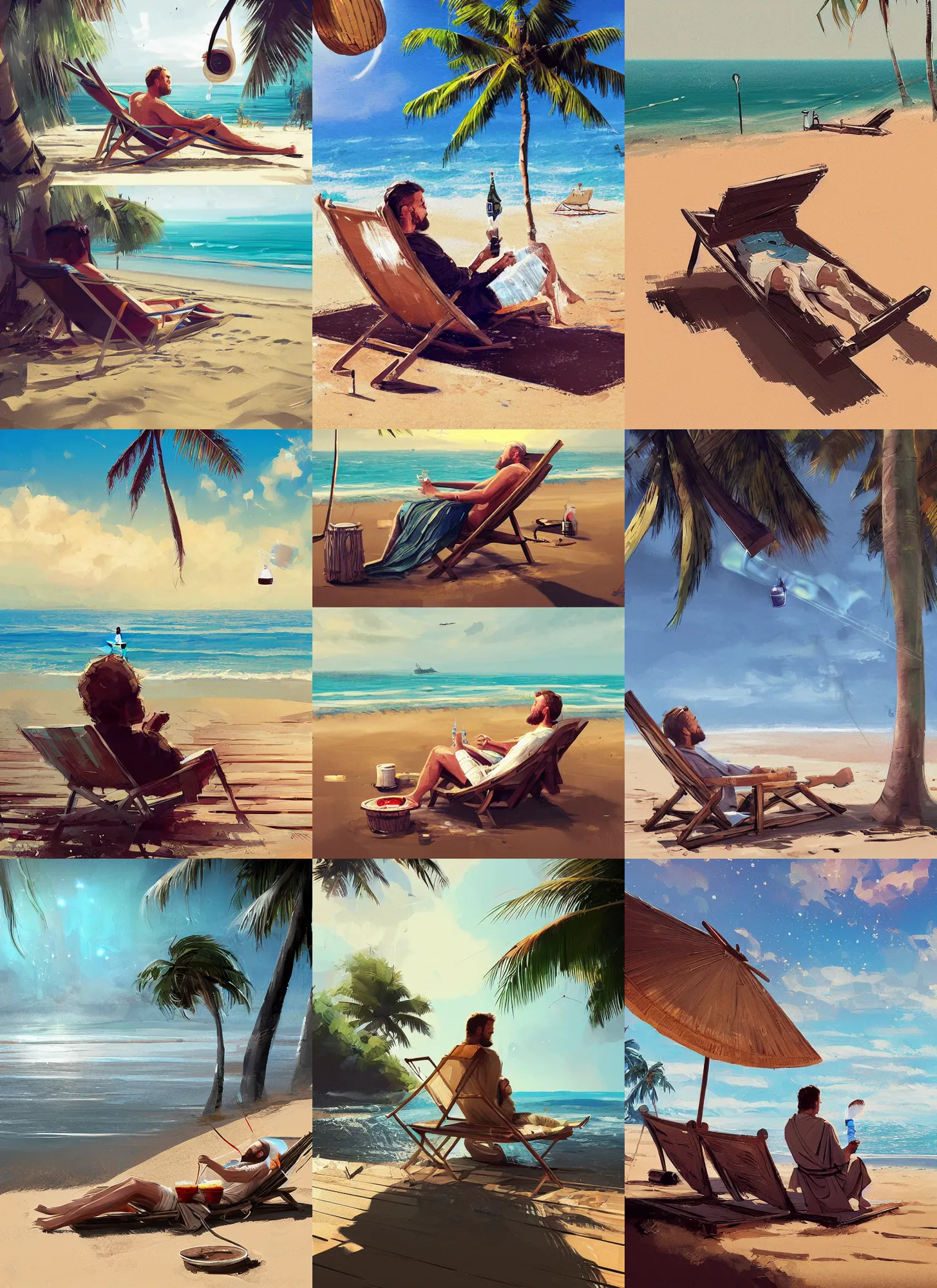 Prompt: a beautiful digital painting art of obi wan kenobi lying on a deck chair on the beach and drinks his drink from a coconut, artwork by ismail inceoglu, trending on artstation