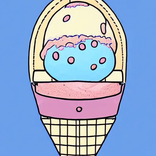 Prompt: cute wobbly eyes mouth pink ice cream, blue waffle cone, 2 0 2 2 intricate concept art, line drawing