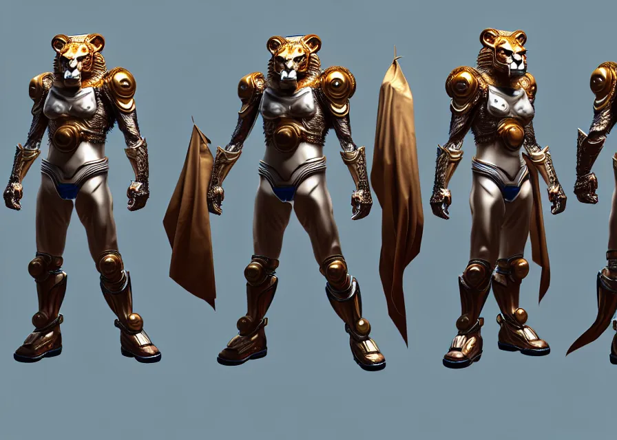 Prompt: concept art sprite sheet of lion character kamen rider, big belt, human structure, concept art, hero action pose, human anatomy, intricate detail, hyperrealistic art and illustration by irakli nadar and alexandre ferra, unreal 5 engine highlly render, global illumination