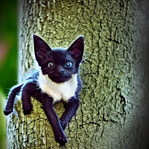 Prompt: a bat kitten, in a tree, wings folded, Nikon, telephhoto