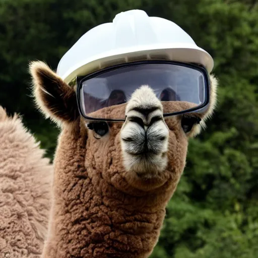 Prompt: an alpaca wearing a construction helmet and safety goggles