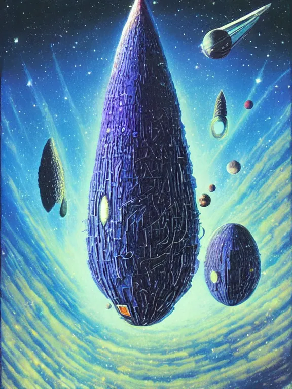 Image similar to round coconut space rocket fly at vanilla orchids galaxy cosmic nebula, style of moebius, vincent di fate, john berkey, michael whelan volumetric light, mega detailed, beautiful composition, beautiful lighting