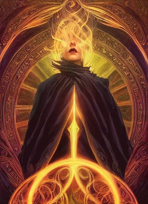 Image similar to book frontcover, side portrait, dark witch with black hood and evil eyes, realism, soft, smooth, luminescent, art nouveau tarot, backlit glow, colorful swirly ripples, gaudy colors, aesthetic octane render, unreal engine, 8 k, by artgerm, greg rutkowski, alphonse mucha