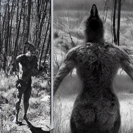 Image similar to black and white trailcam footage of native weird distorted human body Skinwalker transforming into a coyote