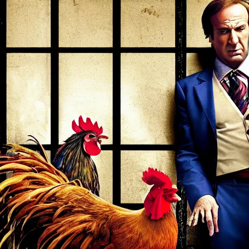 Image similar to saul goodman and a rooster in a saw movie torture chamber, saw movie jigsaw background, saul goodman, rooster, photo