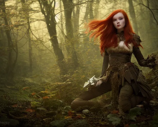 Image similar to 5 5 mm portrait photo of an armored gorgeous aesthetic redhead woman warrior, in a magical forest. fantasy atmosphere. art by greg rutkowski. highly detailed 8 k. intricate. lifelike. soft light. nikon d 8 5 0.