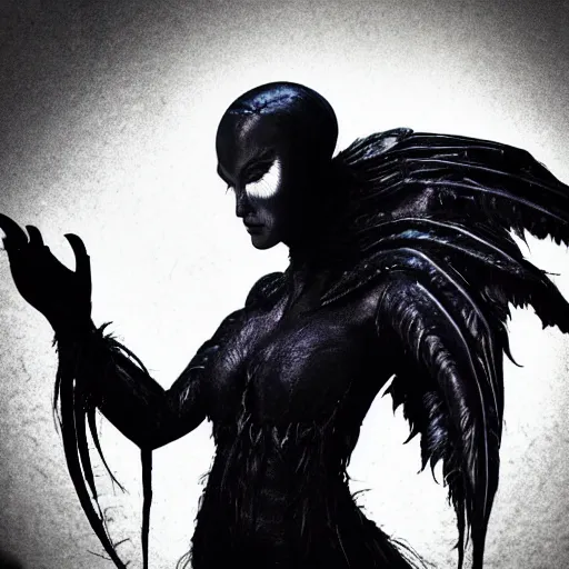 Prompt: jennifer connelly as alien odile the black swan, gray skin, wearing black hooded cloak, huge wings, black feathers instead of hair, black feathers growing out of skin, bumpy skin, screaming, losing control, black feathers growing out of face, black hands with black claws, comic book, giger, mike mignogna, david mack, trending on artstation