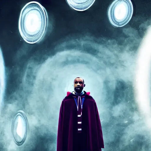 Prompt: a full body photograph of kanye west as'doctor who ', time vortex in the background, detailed face, symmetrical face, extreme realism and detail, 8 k, completely framed, direct lighting, 3 5 mm photo, photorealistic, sharp focus