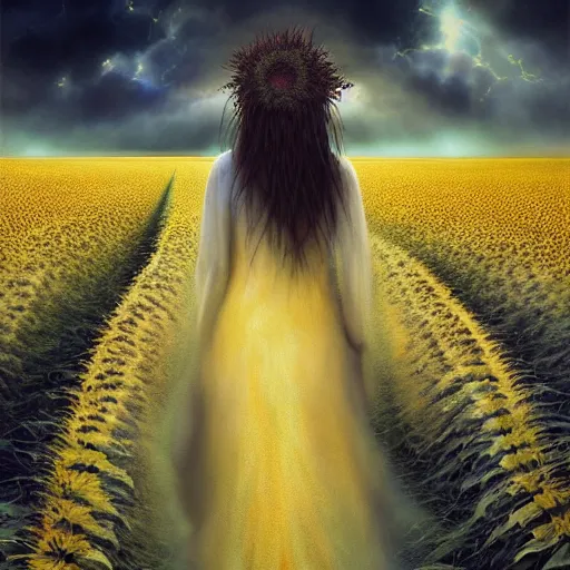 Prompt: by artgerm and agostino arrivabene, visually stunning, cinematic, ultra realistic, hyper realism, epic, octane render, unreal engine, vfx, maya, a girl slowly walking through amazing tall sunflower field, hair flowing, dark clouds incoming, early morning, fungal enchanter, murloc tinyfin, dread infernal, wee whelp, battle ram