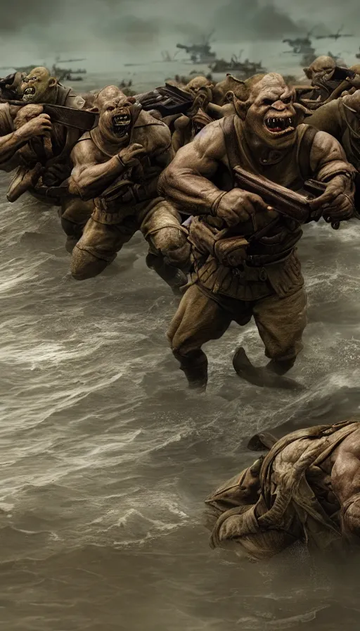 Prompt: Orcs storming the Beaches of Normandy during WW2, war-photography, film still, D-Day, dynamic action pose, insane detail, intricate, highly detailed, Zeiss Lens, DSLR photography, smooth, sharp focus, Unreal Engine 5, Octane Render, Redshift, 8K