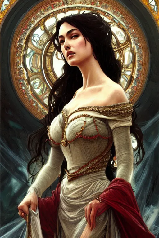 Prompt: Monica Bellucci as a princess, fantasy, intricate, elegant, highly detailed, digital painting, artstation, concept art, matte, sharp focus, illustration, art by Artgerm and Greg Rutkowski and Alphonse Mucha