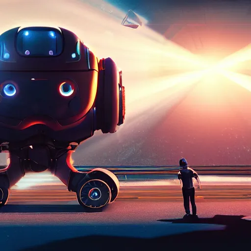 Image similar to Giant half robotic head of David Copperfield, dark hair, heavy eyebrows, on the top of a robotic vehicle with wheels running on a californian highway, rays of light, particles light, kuvshinov ilya, unreal engine, by sasha kalinkin