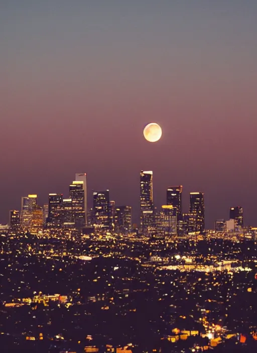 Image similar to the moon hangs low in the sky over downtown los angeles, dusk, photography, cinematic, tarantino, 7 0 mm film